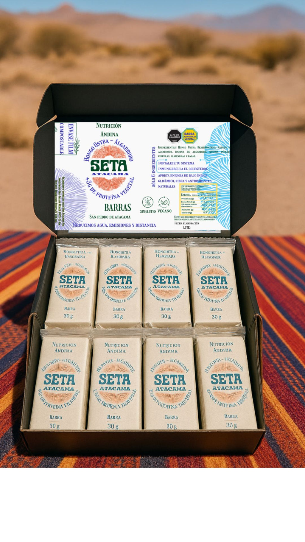 Caja 12 Barras proteína SETA ATACAMA  SABOR HONGO OSTRA-ALGARROBO